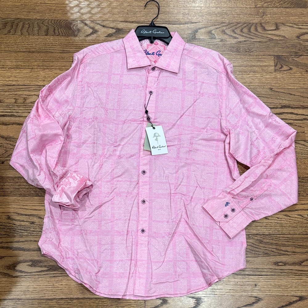 NWT Robert Graham Pink “Morley”-Long Sleeve Button-Down Shirt XL, Linen/Cotton